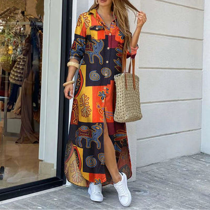 Printed Single Brewed Split Shirt Dress Floral Print Slit Shirt Dress Good Vibrations