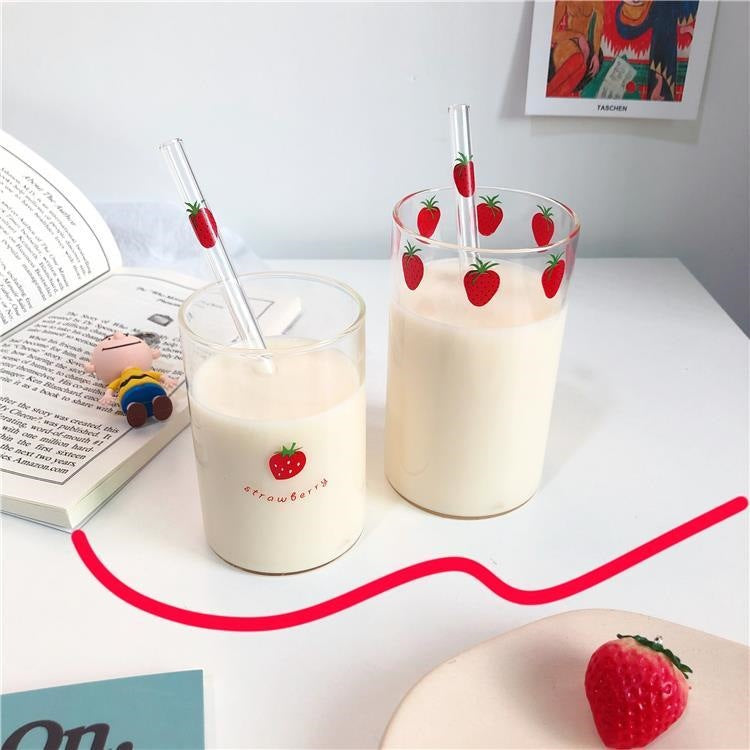 300ml Strawberry Cute Glass Cup With Straw Creative Transparent Water Cup Student Milk Heat Resistant Glass Nana Good Vibrations