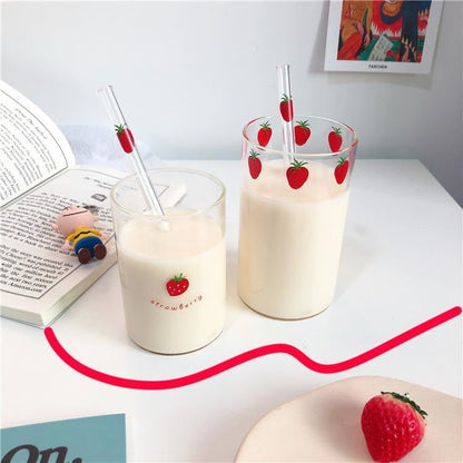 300ml Strawberry Cute Glass Cup With Straw Creative Transparent Water Cup Student Milk Heat Resistant Glass Nana Good Vibrations