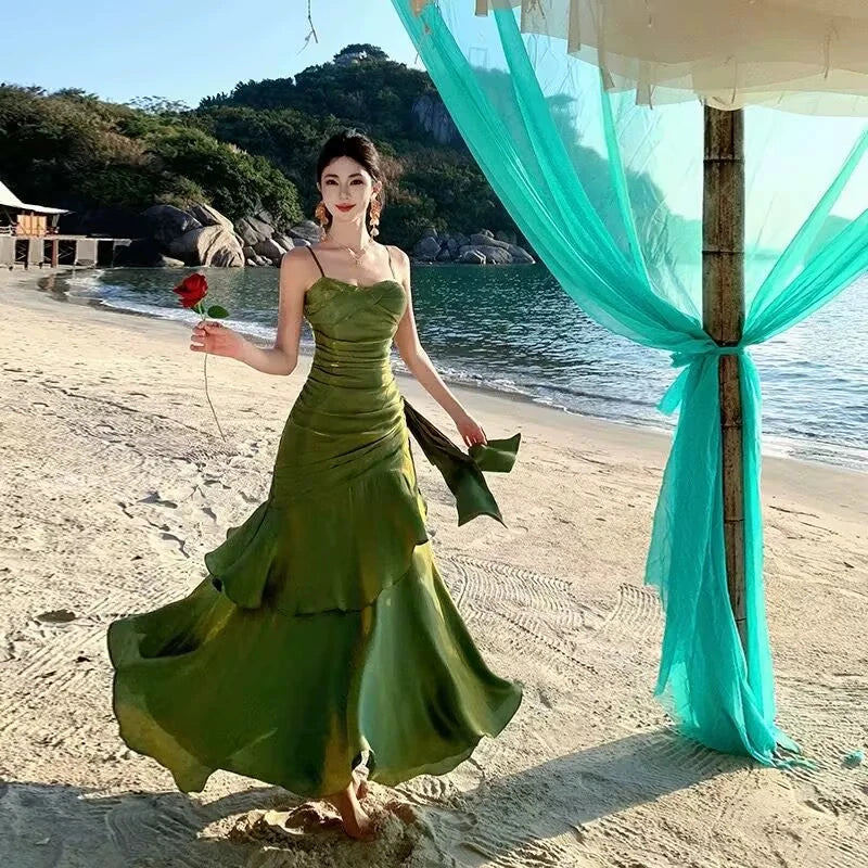 French style Senior Touching Yuji Blue Fishtail Guest dresses Women Summer Temperament Royal Sister Waist Hugging Slimming Sling Dress Good Vibrations