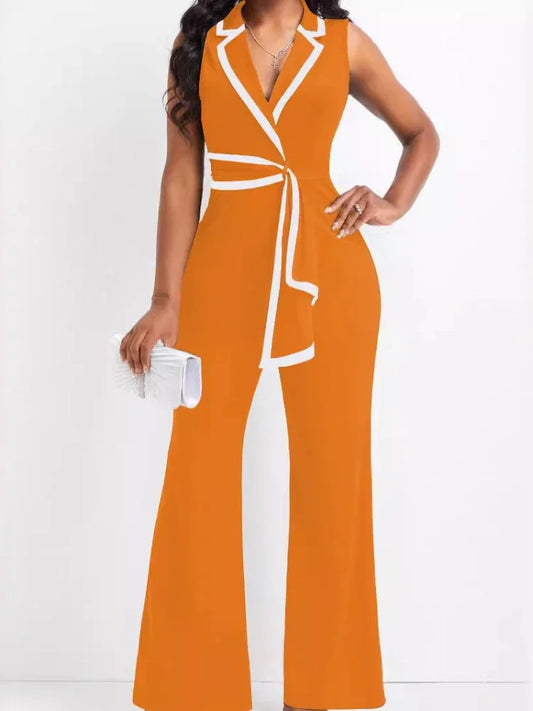 Women's Overalls Outfits Full Length New Fashion 2025 Summer V Neck Elegant Sleeveless Office Lady Jumpsuit Wide Leg Pants Good Vibrations
