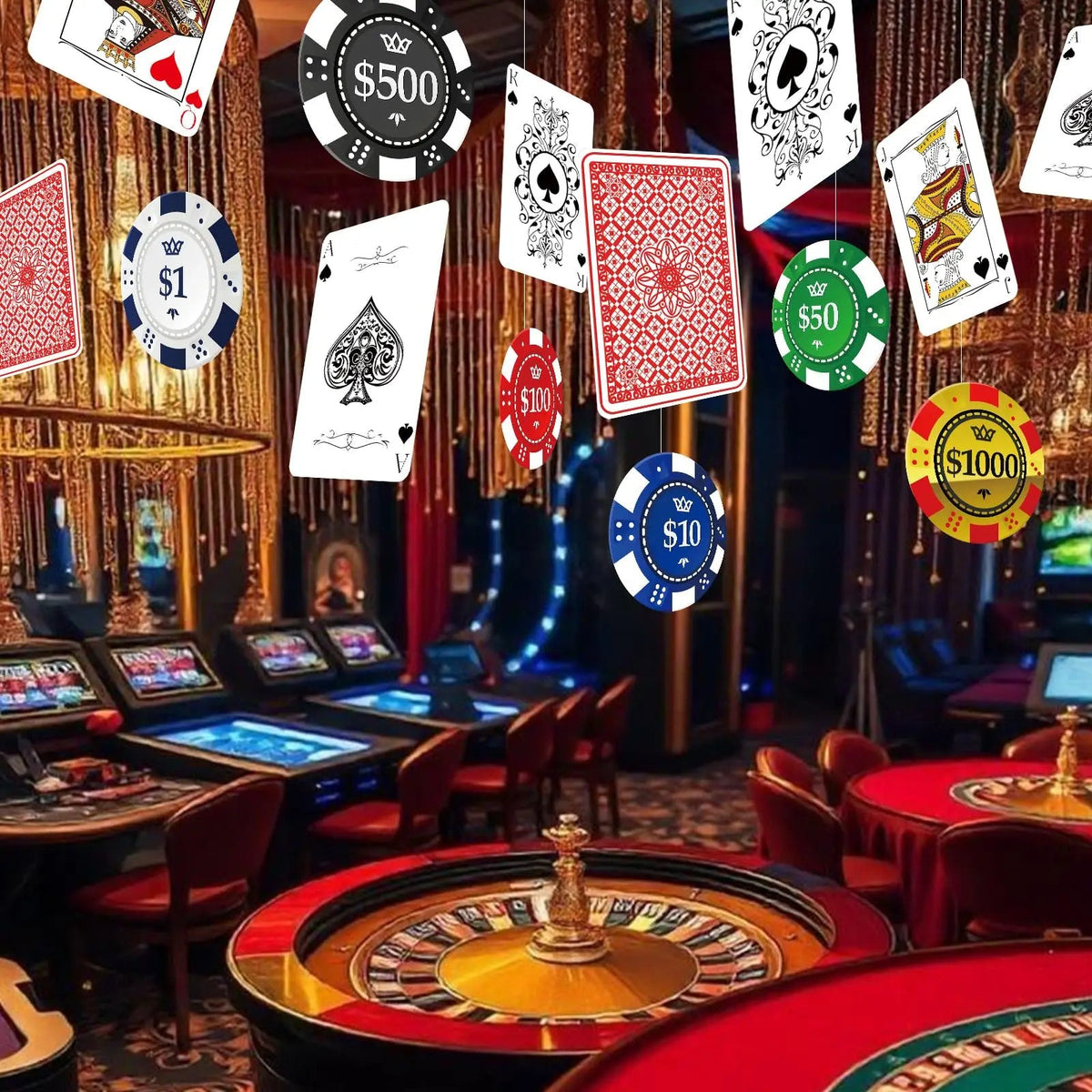2D Casino Night Party Decorations Red Curtains Poker Dice Banners Photo Booth Props Bar Hanging Decor for Birthday Theme Event Good Vibrations