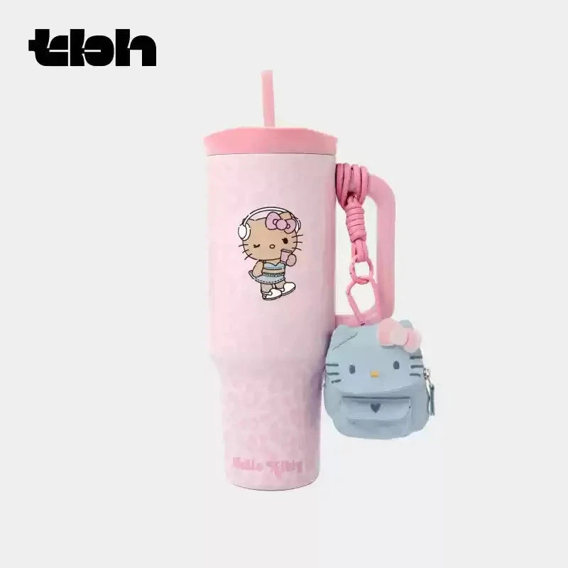 TBH Leopard Print Kitty Series Straw Thermos Cup Travel Sports Water Bottle Stainless Steel Cold Insulation Cup Girls Gift Good Vibrations