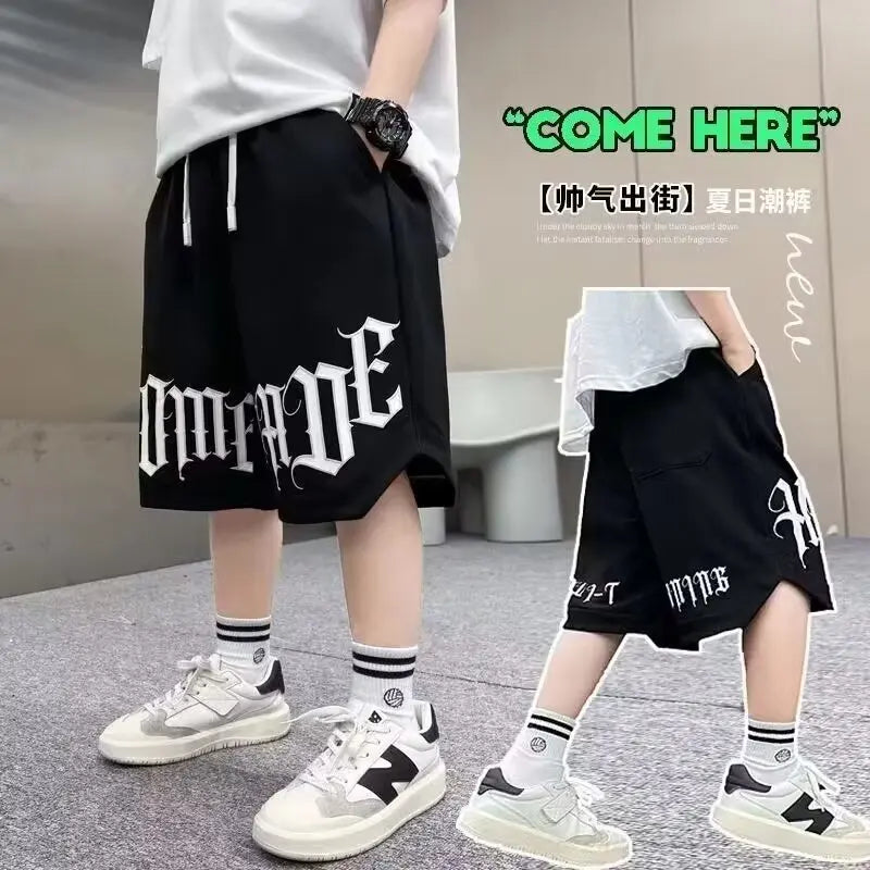 Loose Style Children Summer Shorts for Boy New Letter Print Short Pants Outdoor Casual Sports Shorts Korean Children's Clothing Good Vibrations