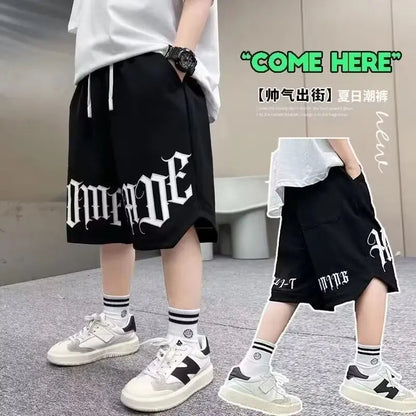 Loose Style Children Summer Shorts for Boy New Letter Print Short Pants Outdoor Casual Sports Shorts Korean Children's Clothing Good Vibrations