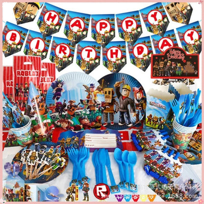 Roblox cartoon party birthday supplies set with balloon banner, cake topper, tableware, and decorations