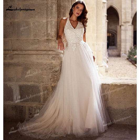 Romantic Lace Halter Boho Wedding Dress V-Neck Sheer Back Tulle A-Line Bridal Gown Illusion Back Wedding Gown Customized Good Vibrations