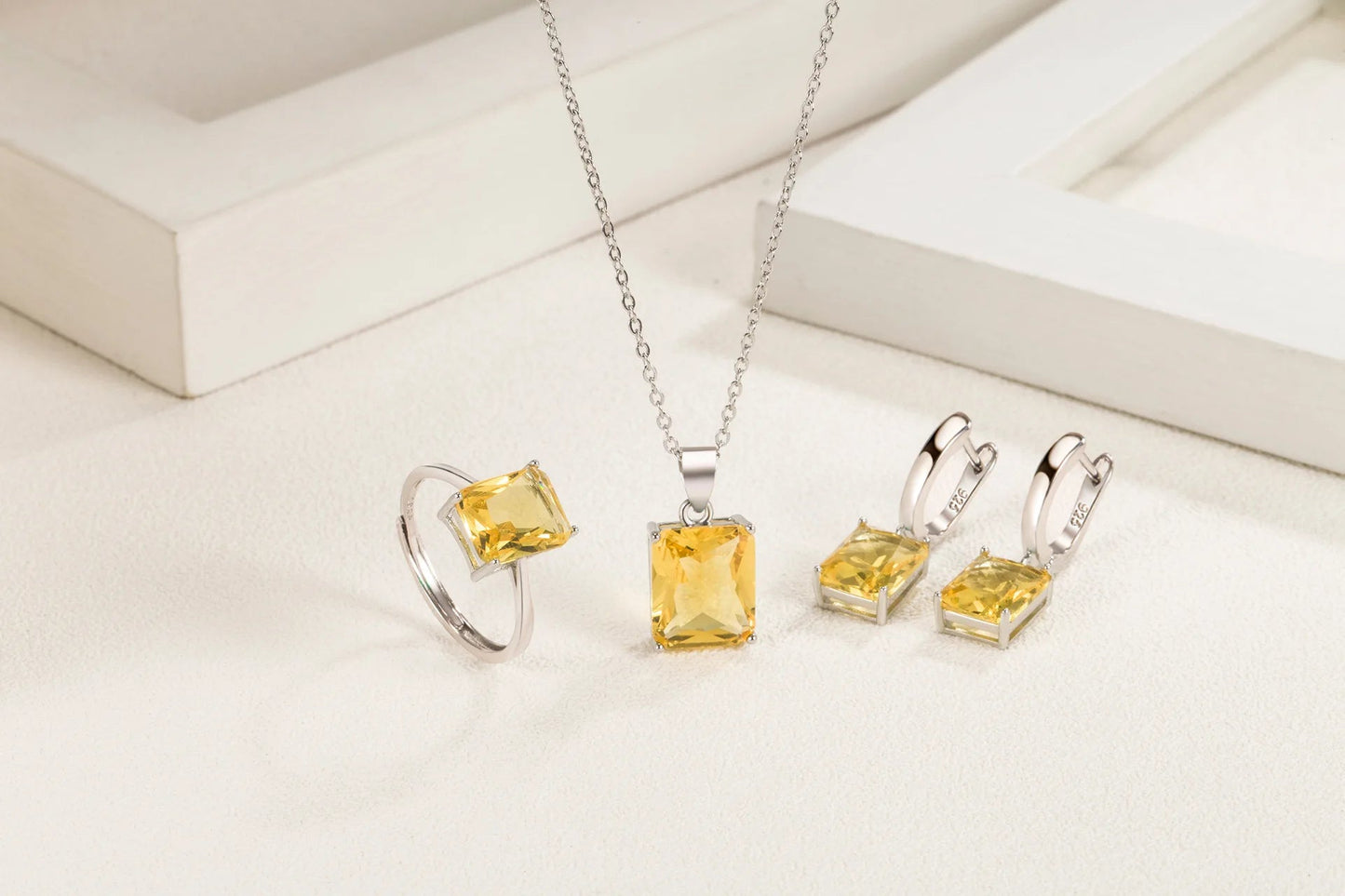 925 Sterling Silver  Elegant Jewelry Sets Ring Earrings Necklace For Women Rectangle Geometry Zircon Wedding Accessories Good Vibrations Adult Super Store