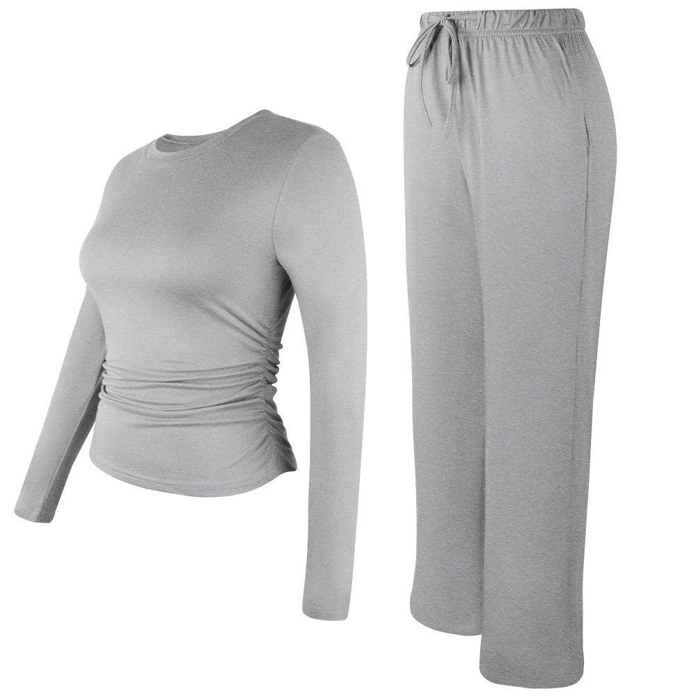 Women drawstring Set Soft Home Clothes Wide-leg Pant Long Sleeve Round Neck Top Comfortable Yoga Outfit Pullover Sleepwear 2025 Good Vibrations