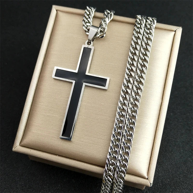 Punk Hip Hop Black Cross Pendant Necklace for Women Men Stainless Steel Gold Color Male Jesus Christ Chain Jewelry colar N8236S0 Good Vibrations