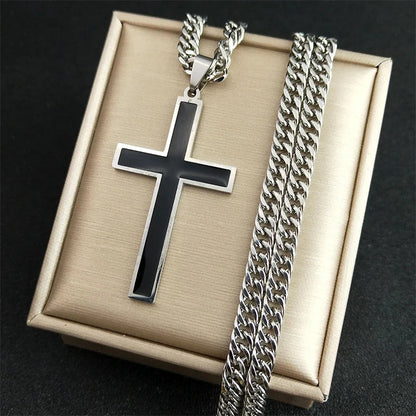 Punk Hip Hop Black Cross Pendant Necklace for Women Men Stainless Steel Gold Color Male Jesus Christ Chain Jewelry colar N8236S0 Good Vibrations