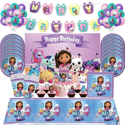 Gabby Doll House Birthday Party Decoration Cat Cutlery Cup Plate Stickers Baby Shower Children's Party Balloon DIY Toy Supplies