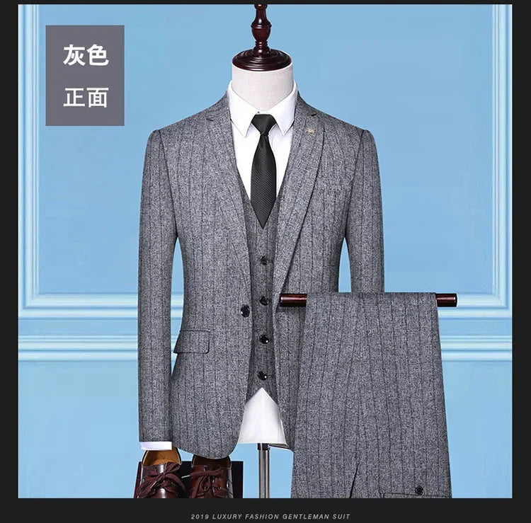 2025 Suit (suit + Vest + Trousers) Single Button Fashion Business Vertical Stripe Gentleman Suit Korean Suit Three-piece Suit Good Vibrations