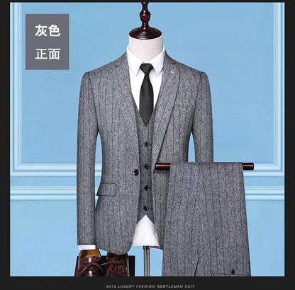 2025 Suit (suit + Vest + Trousers) Single Button Fashion Business Vertical Stripe Gentleman Suit Korean Suit Three-piece Suit Good Vibrations