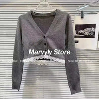 2024 Autumn Casual Slim Knitted Sport Suits Women Hot Girl Lace V Neck Cardigan + Sexy High Waist Shorts Solid 2 Piece Set New GOOD Vibrations