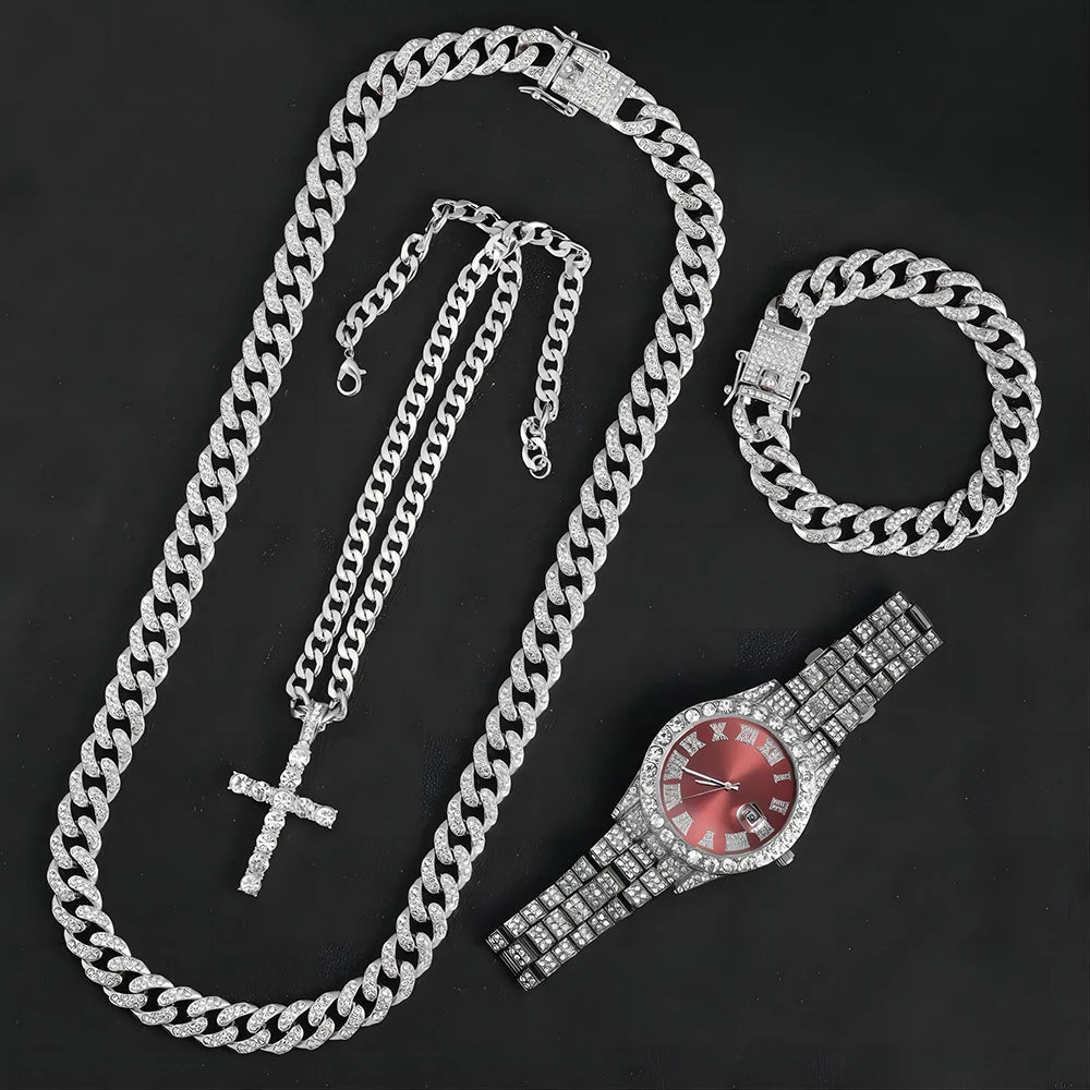 13mm Necklace +Watch+Bracelet Hip Hop Miami Cuban Chain Iced Out Paved Rhinestone CZ Bling Rapper For Men Jewelry KIT Jewelry Good Vibrations