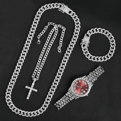 13mm Necklace +Watch+Bracelet Hip Hop Miami Cuban Chain Iced Out Paved Rhinestone CZ Bling Rapper For Men Jewelry KIT Jewelry Good Vibrations