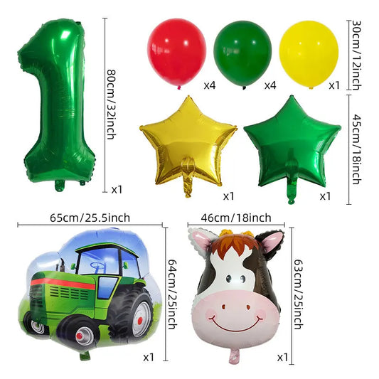14pcs Farm Themed Tractor Milk Cow Head Balloon 32 inch Green Number Birthday Balloon Set Festive Party Decoration Birthday Gift Good Vibrations
