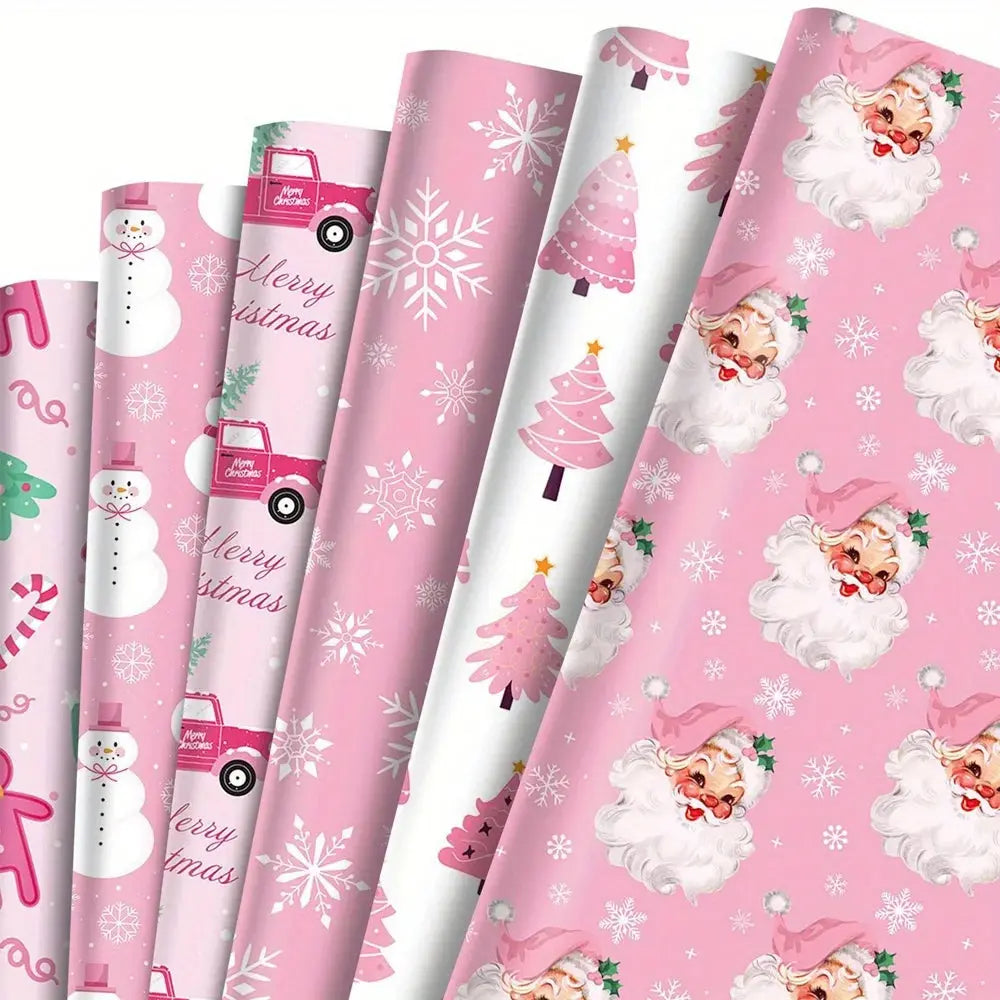 1set Christmas Gift Wrapping Paper with Snowmen, Gingerbread Men,Hearts & Balloons - Pastel Winter Theme with & White Snowflakes Good Vibrations