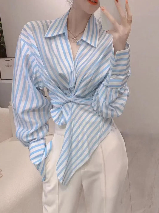 Women's Pants Two Piece Set Holiday Outfits Ladies Trouser Shirt Blue Blouse and Spring Autumn Stripe Aesthetic Groups of Co Ord Good Vibrations