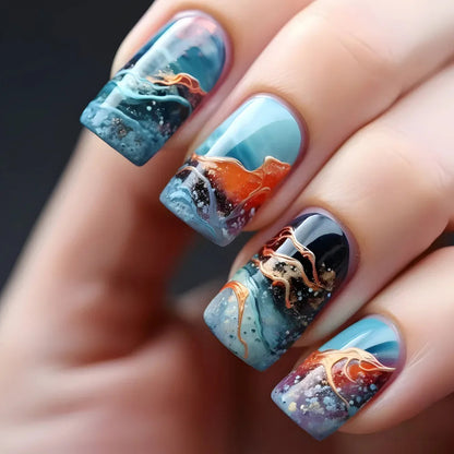 24pcs Golden Stripe Press on Nails Shiny Powder Love Design Long Square False Nails Wearable Full Cover Nail Tips Blue Fake Nail Good Vibrations