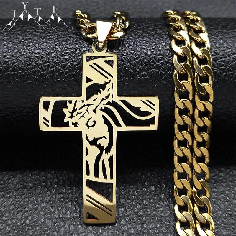 Hip Hop Punk Crown of Thorns Jesus Cross Necklace for Men Stainless Steel Gold Plated Crucifix Pendant Necklaces Jewelry N8052 Good Vibrations