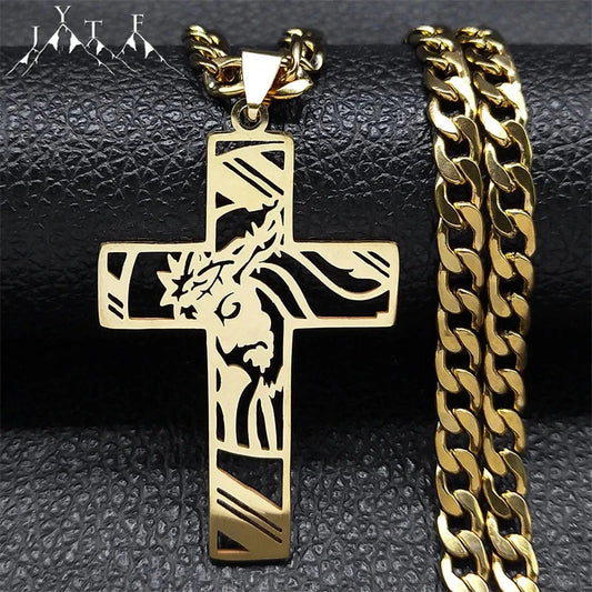 Hip Hop Punk Crown of Thorns Jesus Cross Necklace for Men Stainless Steel Gold Plated Crucifix Pendant Necklaces Jewelry N8052 Good Vibrations
