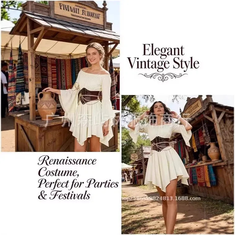 Women's Dress Suit Halloween Renaissance Medieval Pirate Dress Off-the-Shoulder Flared-Sleeve Waist-Cinched Dress Outfits Good Vibrations