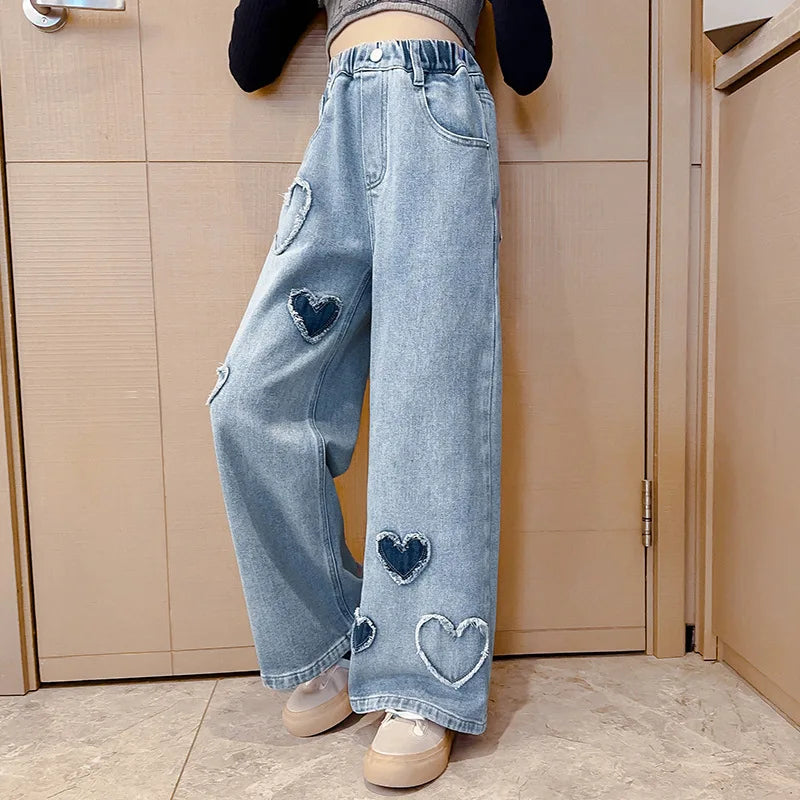 2025 Spring Autumn Girls Love Rough Edges Jean Korean Version Style Kids Middle Waist Cowboy Pants Elastic Waist Long Pants Good Vibrations