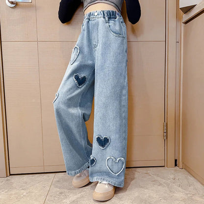 2025 Spring Autumn Girls Love Rough Edges Jean Korean Version Style Kids Middle Waist Cowboy Pants Elastic Waist Long Pants Good Vibrations