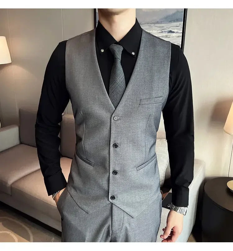 Suit (suit +Vest+Pants) Formal Business Men Four Seasons Professional Fashion Gentleman Solid Color Outdoor British Style Suit