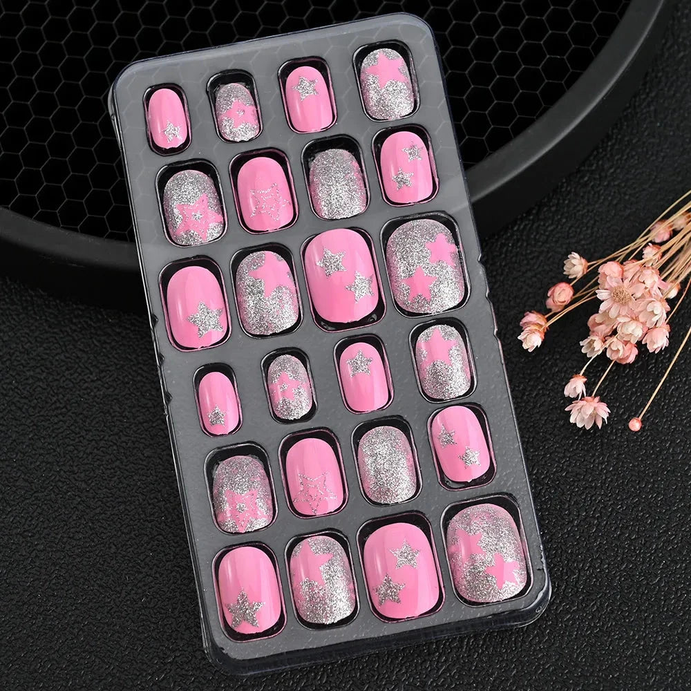 24 Pcs/box Children Cartoon Nail Tips Colorful Artificial Fake Nails for Cute Kids Girls Full Cover Short False Nail Art Kits* Good Vibrations