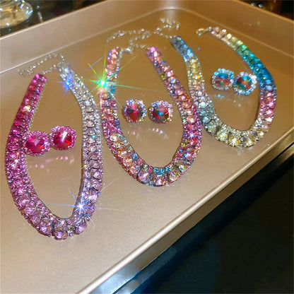 Luxury Crystal Necklace Earrings Set Pink ABcolourful Necklace for Women Weddings Party Jewelry Sets Accessories Good Vibrations Adult Super Store