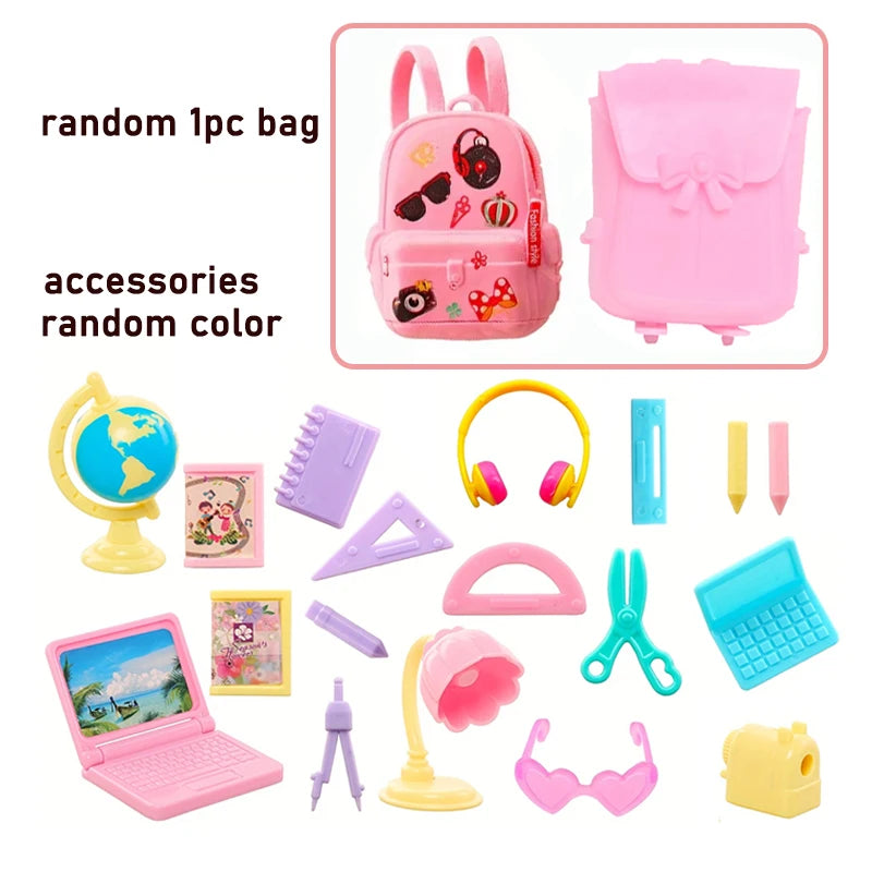 Cute Miniature Dollhouse Study Accessories for Doll 18 Items Mini Laptop Ruler Globe Pencil Table Lamp for Barbie Kids Toys Good Vibrations