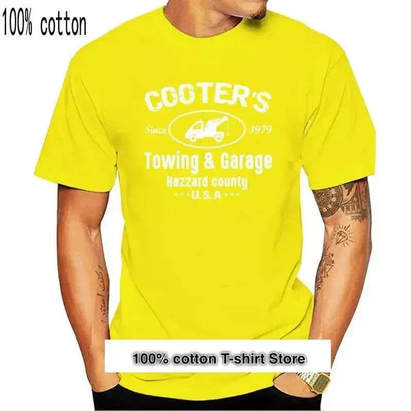 Yellow Cooter's Towing T-shirt with Dukes of Hazzard print, 100% cotton.