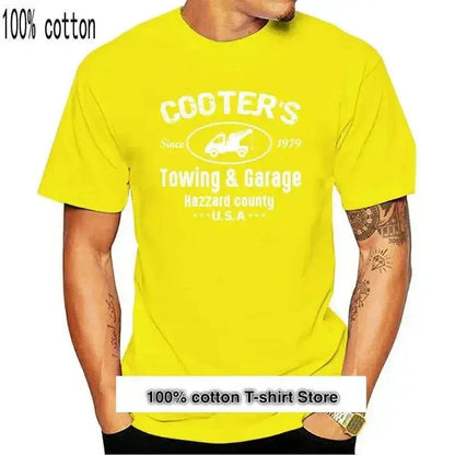 Yellow Cooter's Towing T-shirt with Dukes of Hazzard print, 100% cotton.