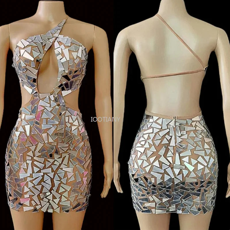 New Sexy Women Party Off Shoulder Evening Dress Silver Mirrors Hollow Out Sequins Hip Wrapped Dresses Jazz Pole Dance Stage Wear Good Vibrations