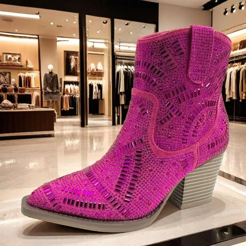 Ankle Boots for Women Luxury Full Diamond Chelsea Boots Western Cowboy Y2k Fashion Wedges Pointed Toe Zipper Women Heels shoes Good Vibrations