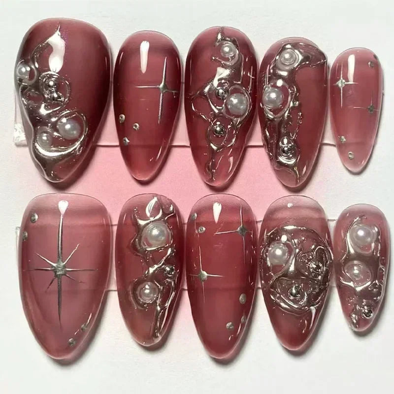 24Pcs False Nails Spicy Girl Silver Bow with Diamond Fake Nails with Glue Almond Press on Nails Black Cool Y2k Almond Nail Set Good Vibrations