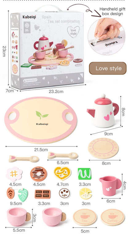 Wooden Kitchen Play Toys Kitchen Simulation Tea Set Afternoon Tea Activity Games Pretend Play Kitchen Accessories Toy for Kids Good Vibrations