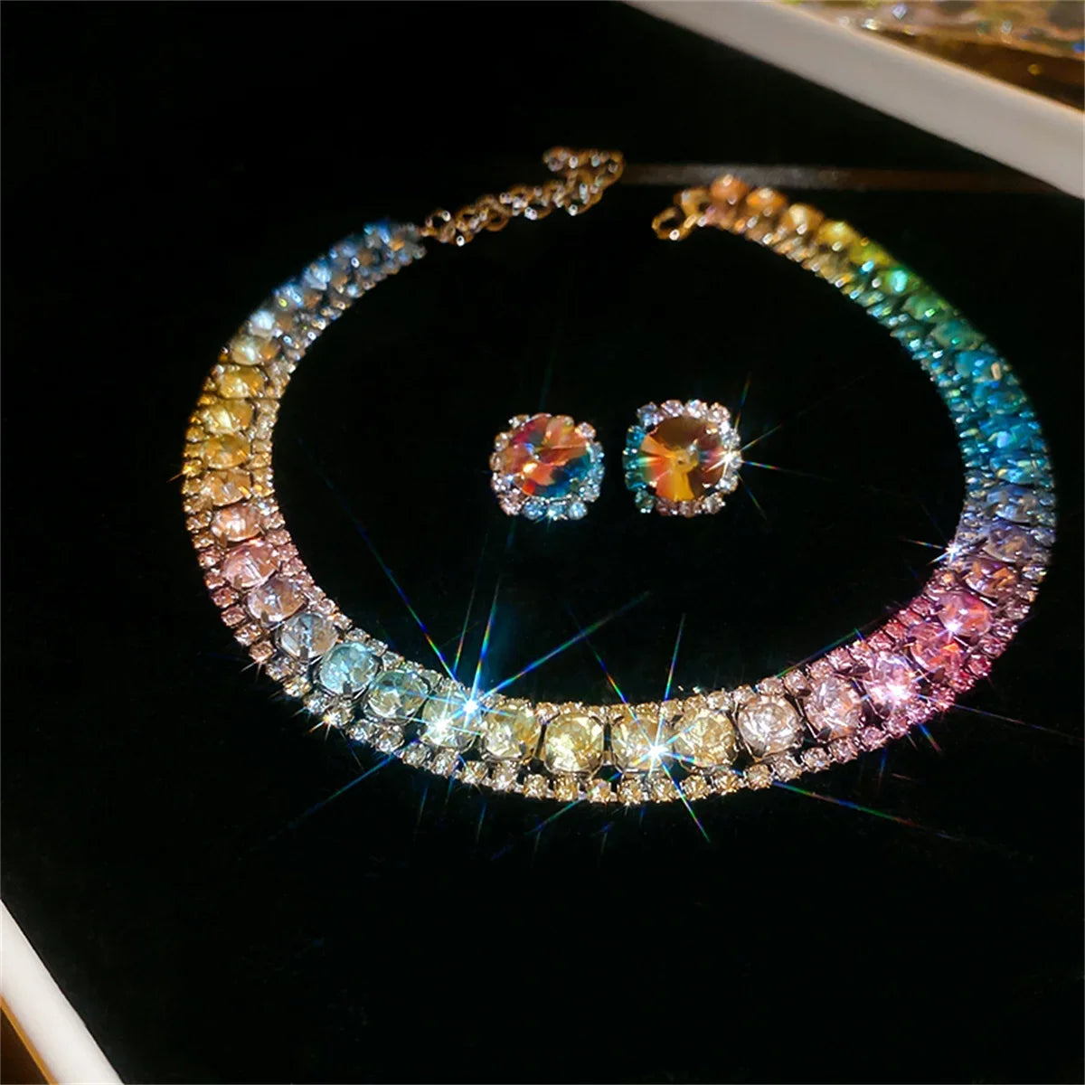 Luxury Crystal Necklace Earrings Set Pink ABcolourful Necklace for Women Weddings Party Jewelry Sets Accessories Good Vibrations Adult Super Store