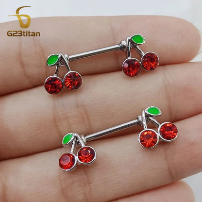 2pcs 14G Titanium Barbell Sweet Cute Cherry Shaped Zircon Breast Ring For Women Body Piercing Sexy Nipple Ring Jewelry Ornament Good Vibrations Adult Super Store