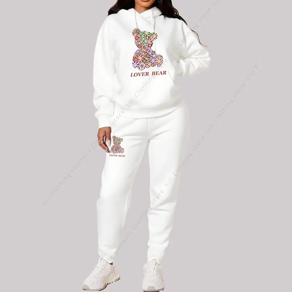 Women's Sets Hoodies Pants Outfits Suit 2025 New Sportswear Sweatsuit Bear Graphic Letter Print Aesthetic Trend Ladies Tracksuit Good Vibrations