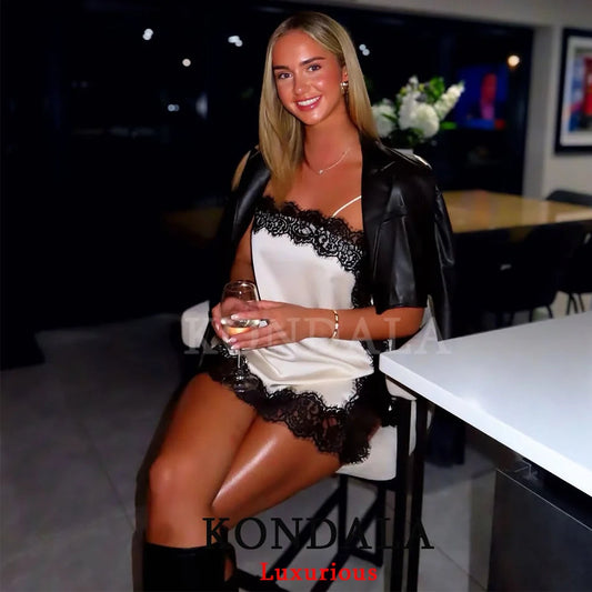 KONDALA Sexy Chic Satin Lace Square Collar Tops Women Side Split Cami Party Tops Fashion 2025 Evening Club Christmas Girl Tops Good Vibrations