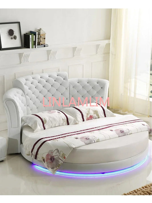 Smart bed frame camas bedroom кровать двуспальная lit beds سرير  muebles de dormitorio мебель LED light round genuine leather Good Vibrations