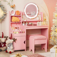 Kids Vanity with Lights, Princess Makeup Vanity Desk with Open Bookshelf, Storage Cabinet & Shelves, Toddler Vanity Tabl Good Vibrations