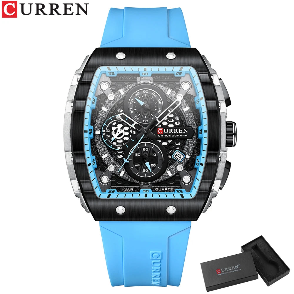CURREN Sports Unique Rectangular Watches with Large Dial Casual Quartz Silicone Bands Wristwatches with Auto Date Good Vibrations