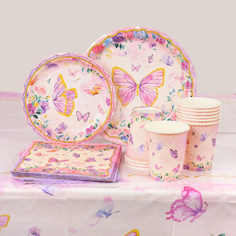 Butterfly Disposable Tableware Set Paper Plate Cup Napkins Pink Butterfly Birthday Party Decoration Baby Shower Wedding Supplies Good Vibrations