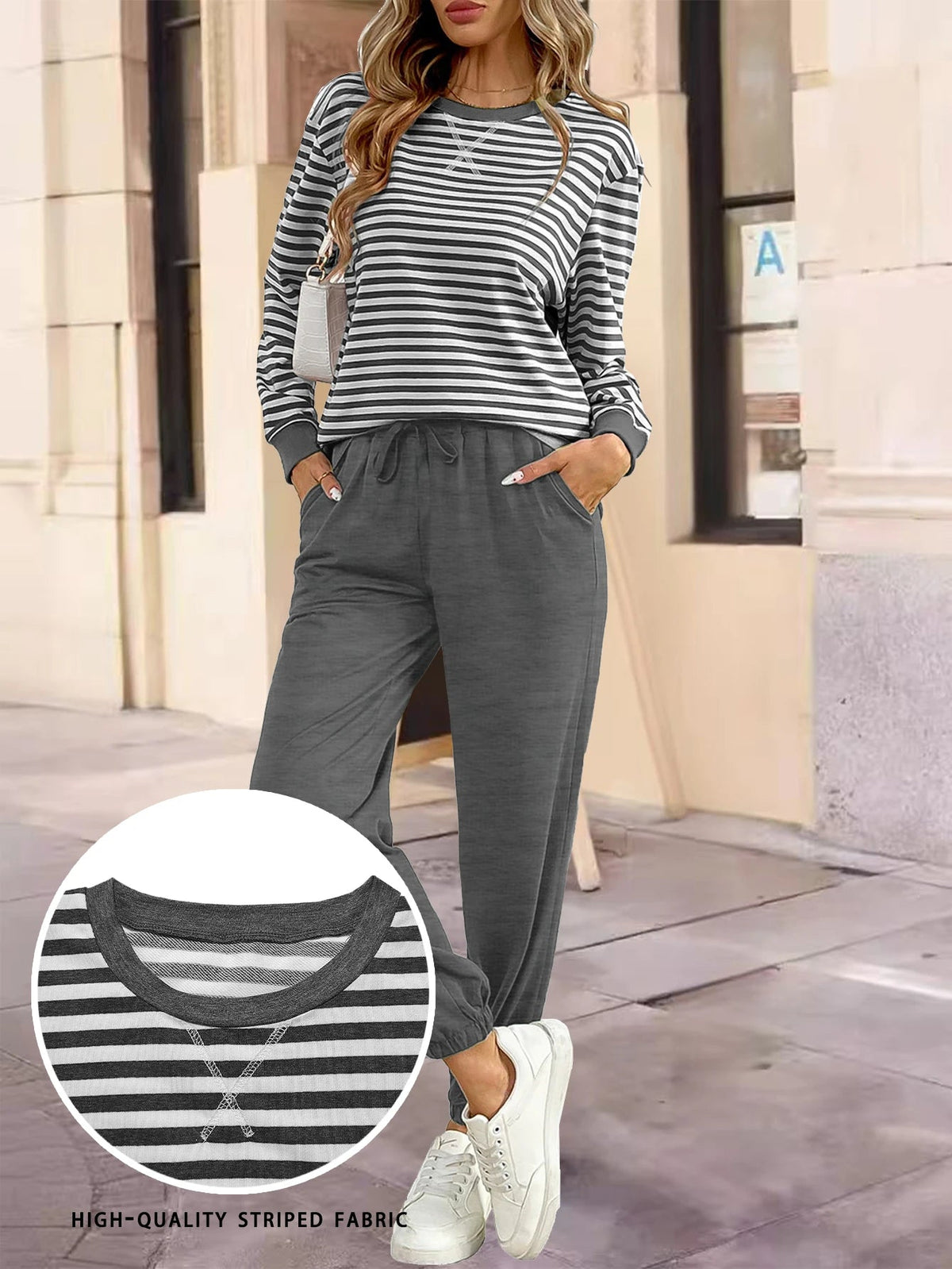 Women' Striped Long Sleeve Two-Piece Set Loose with Pockets Casual Sportswear Yoga Outfit for Outdoor Shopping Good Vibrations