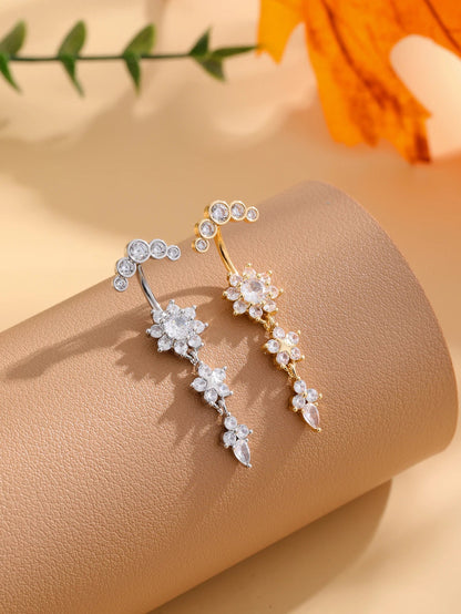 Gold Color Stainless Steel Belly Button Ring Long Dangled Flower CZ Crystal Navel Belly Piercing Rings for Women Sexy Jewelry Good Vibrations Adult Super Store
